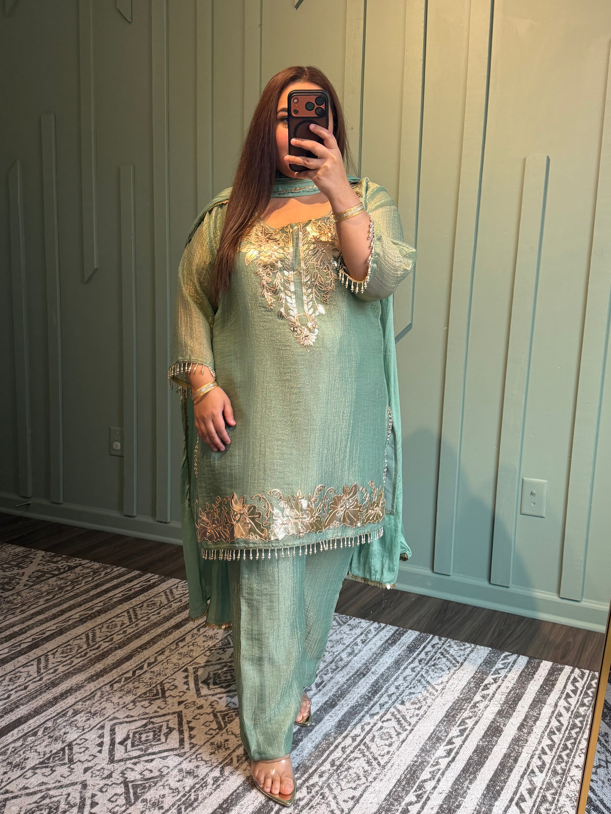 Shimmer Crush Leather Hand Embroidered Three Piece