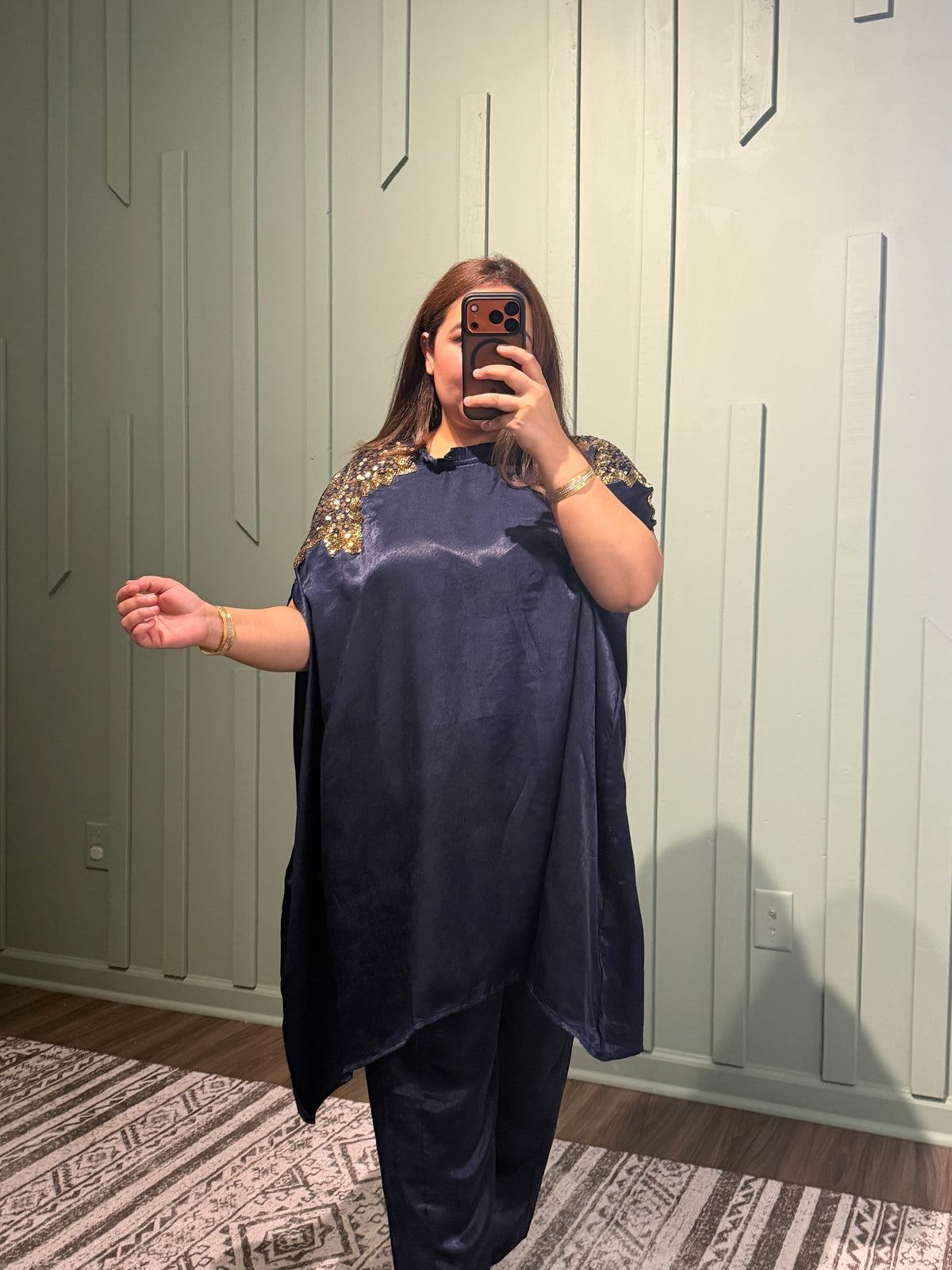 Indo-Western Shadow Silk Hand Embroidered Kaftan Co ord
