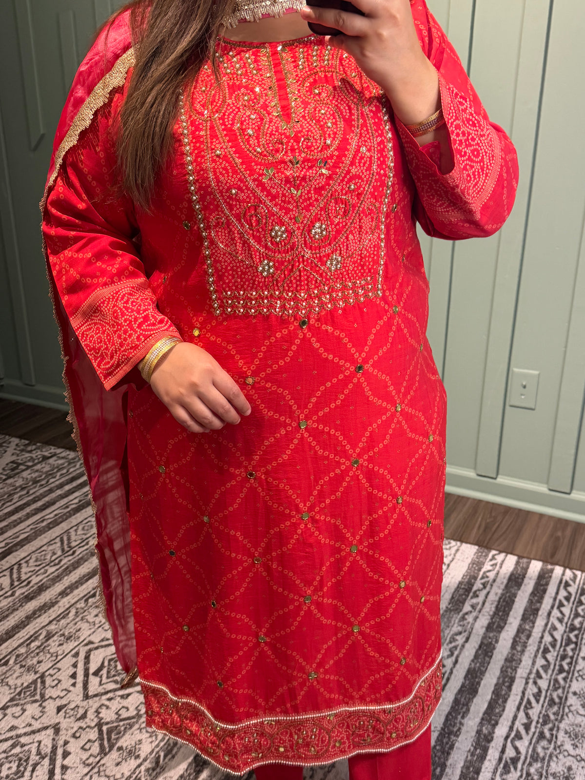 Bandhani Red Hand Embroidered Three Piece