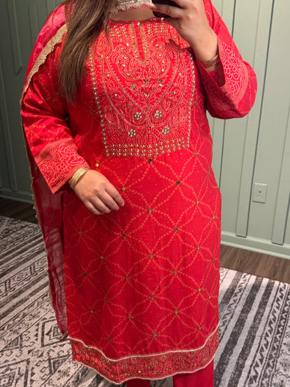 Bandhani Red Hand Embroidered Three Piece