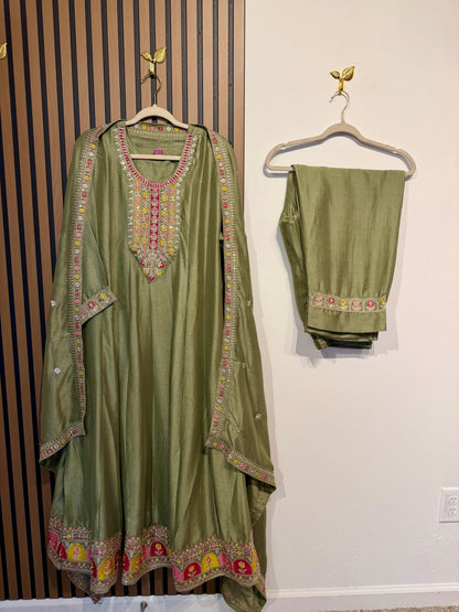 Sage Raw Silk Anarkali