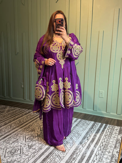 Purple Crepe Dori Hand Embroidered Peplum Set