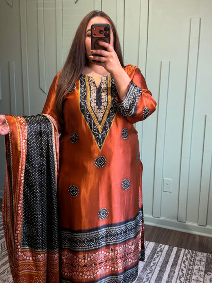 Pure Gajji Silk Copper/Black Bandhani Three Piece