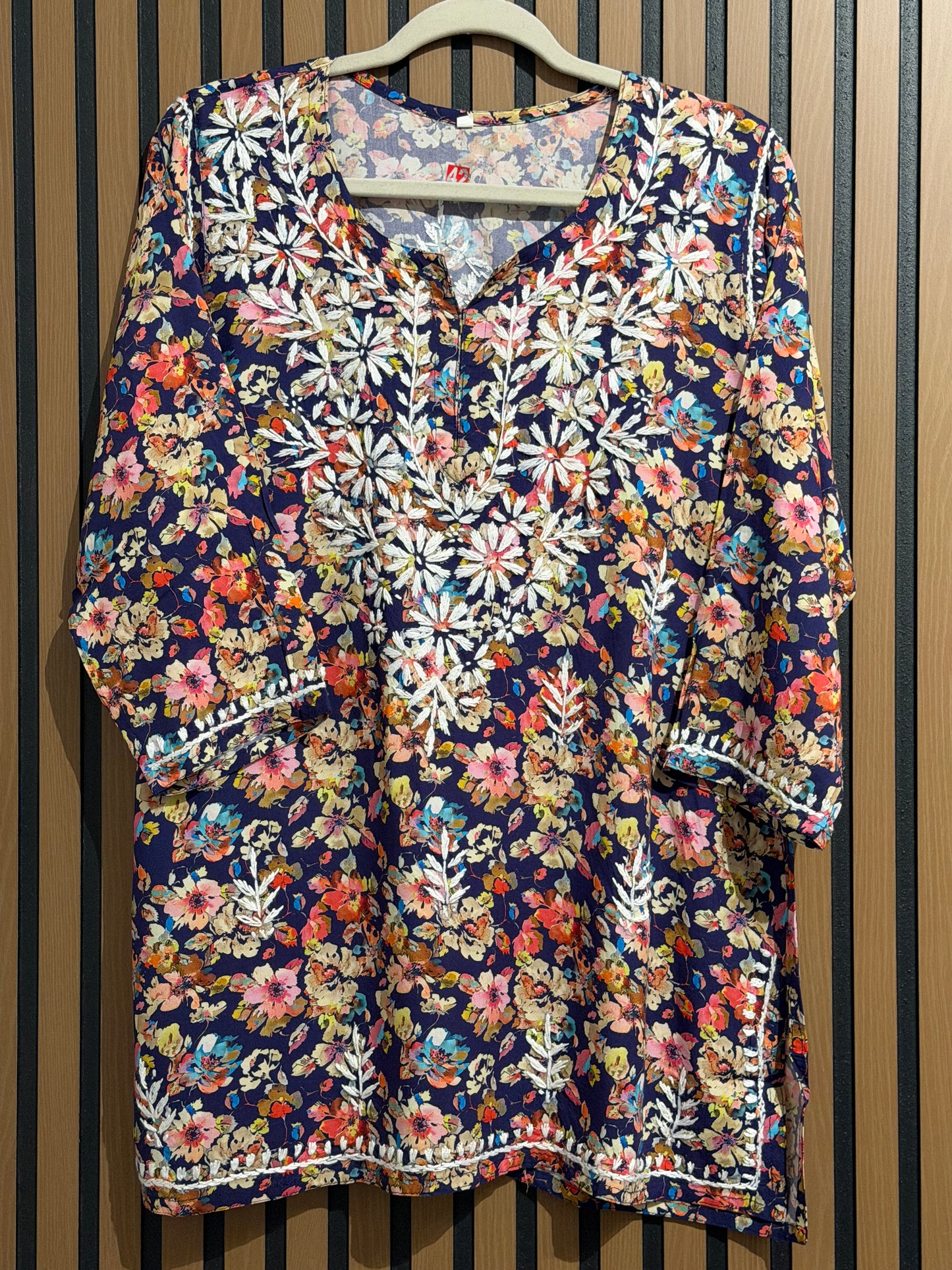 PRINT RAYON CHIKANKARI SHORT KURTI