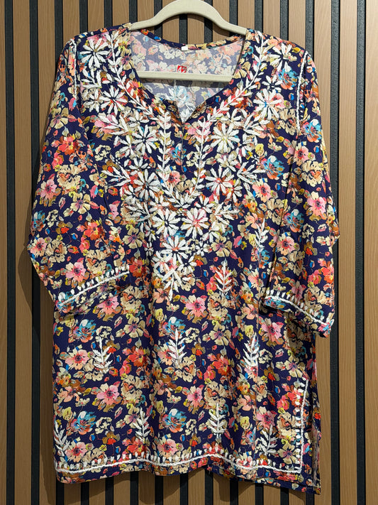 PRINT RAYON CHIKANKARI SHORT KURTI