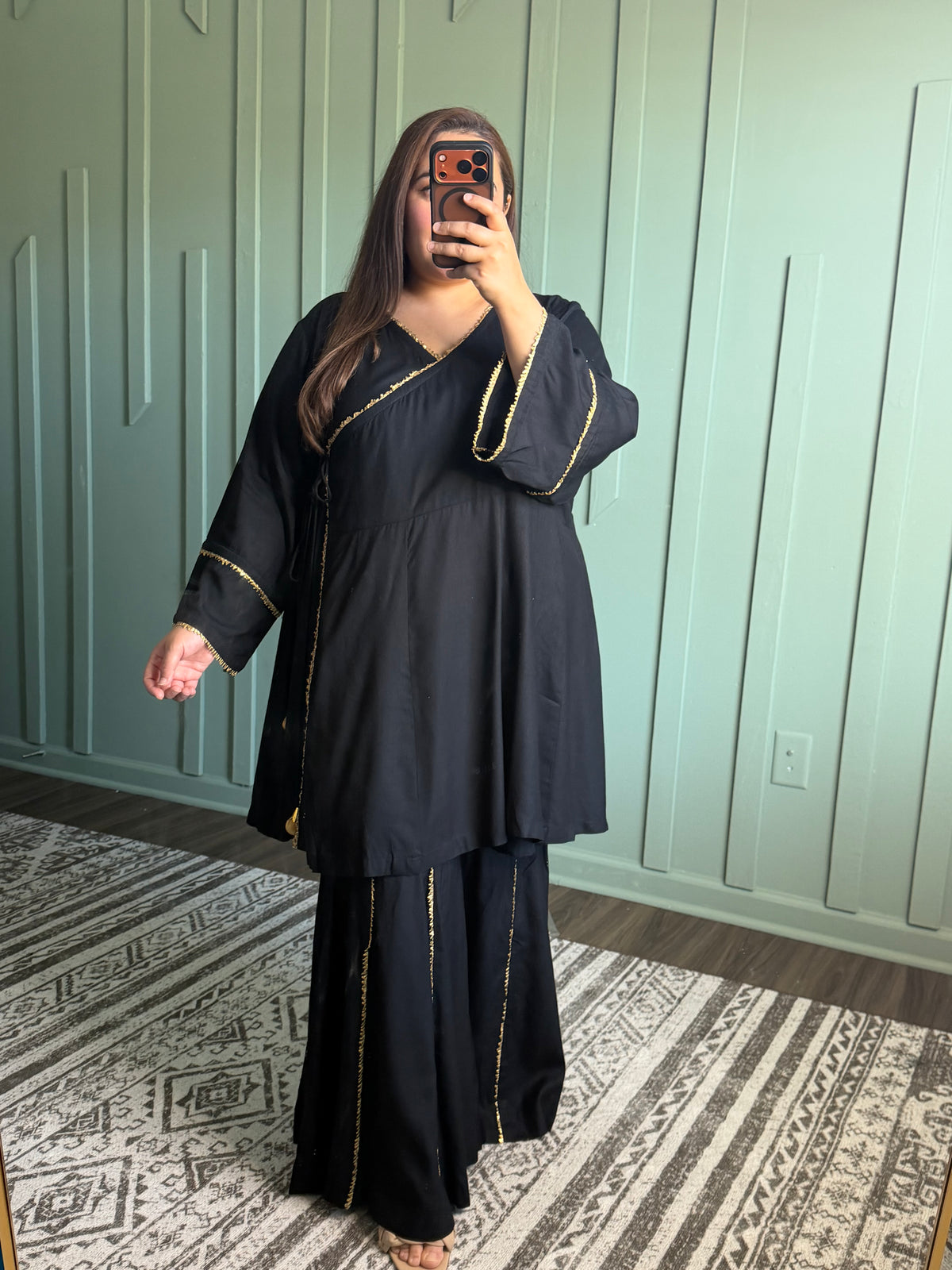Black Anrakha Short Anarkali Gharara Two Piece