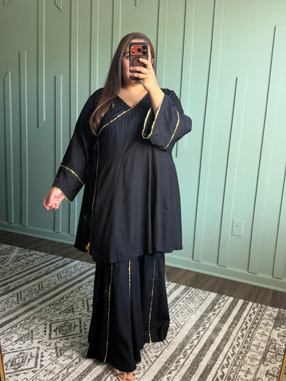 Black Anrakha Short Anarkali Gharara Two Piece