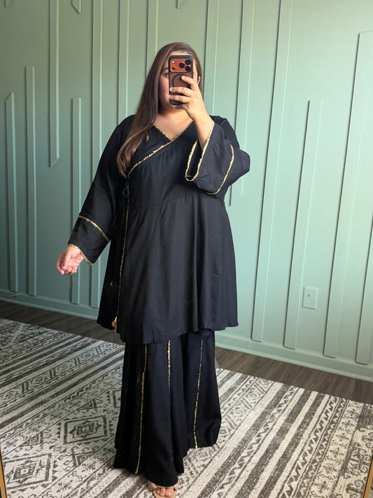 Black Anrakha Short Anarkali Gharara Two Piece