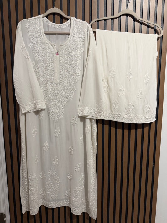 WHITE RAYON CHIKANKARI PLAZO SET