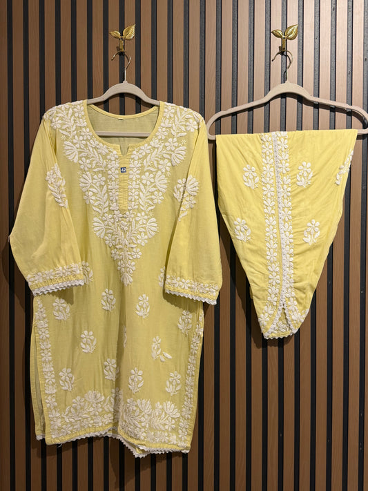 YELLOW CHIKANKARI SET WITH TULIP
