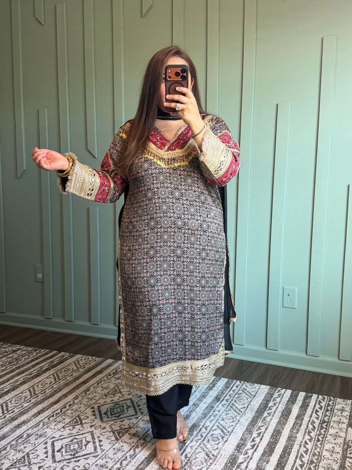 Black Ajarak Viscose Three Piece