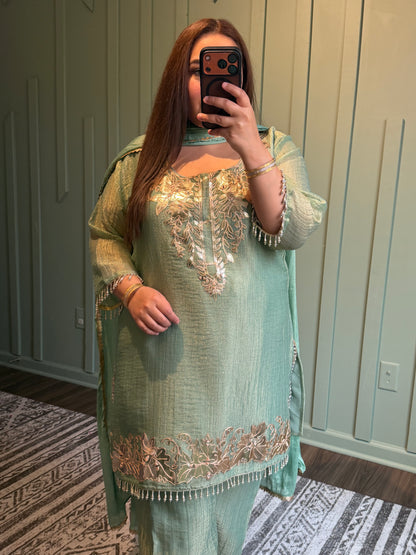 Shimmer Crush Leather Hand Embroidered Three Piece