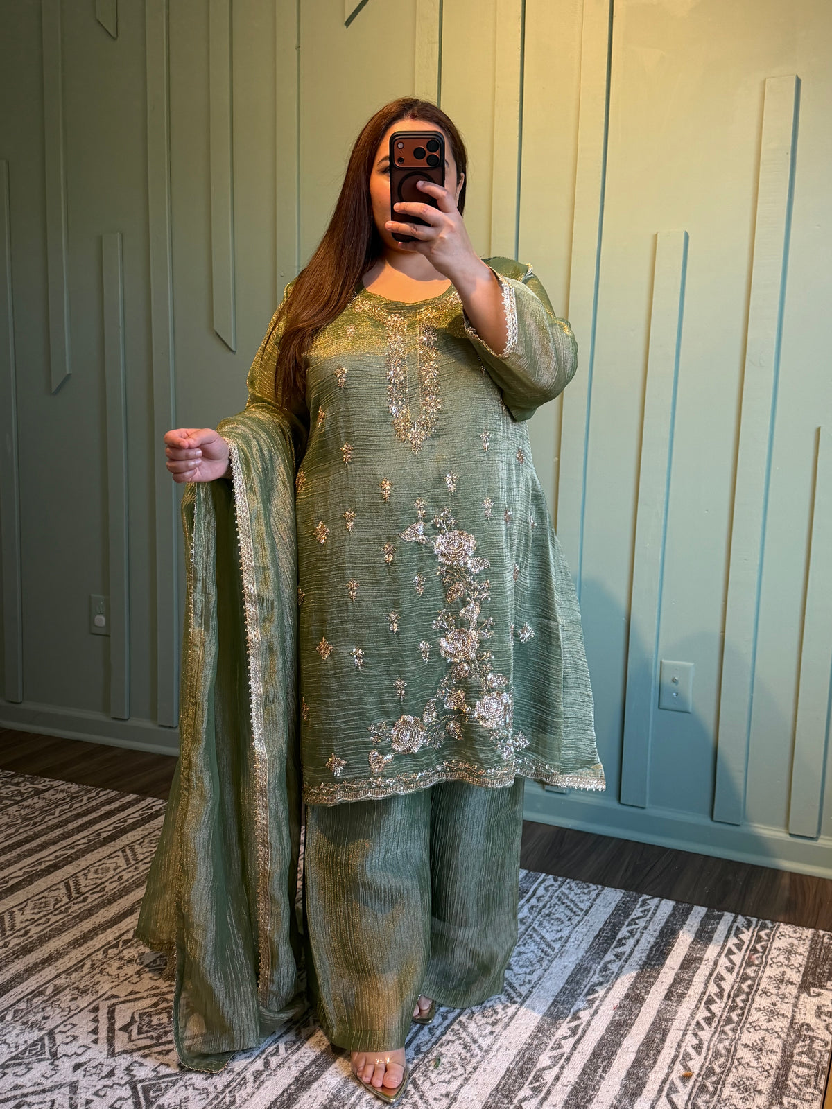 Crush Shimmer Hand Embroidered Silk Three Piece