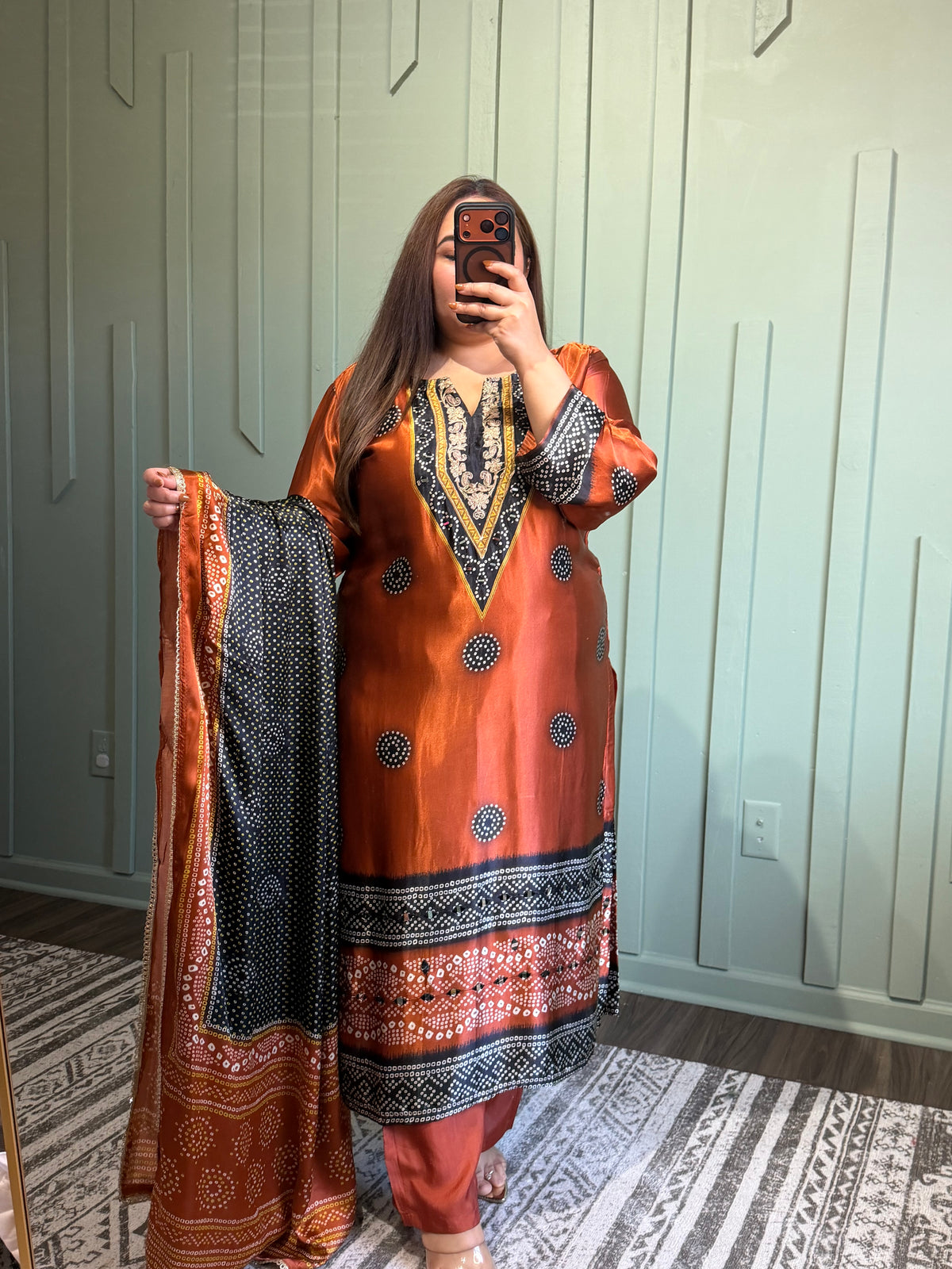 Pure Gajji Silk Copper/Black Bandhani Three Piece