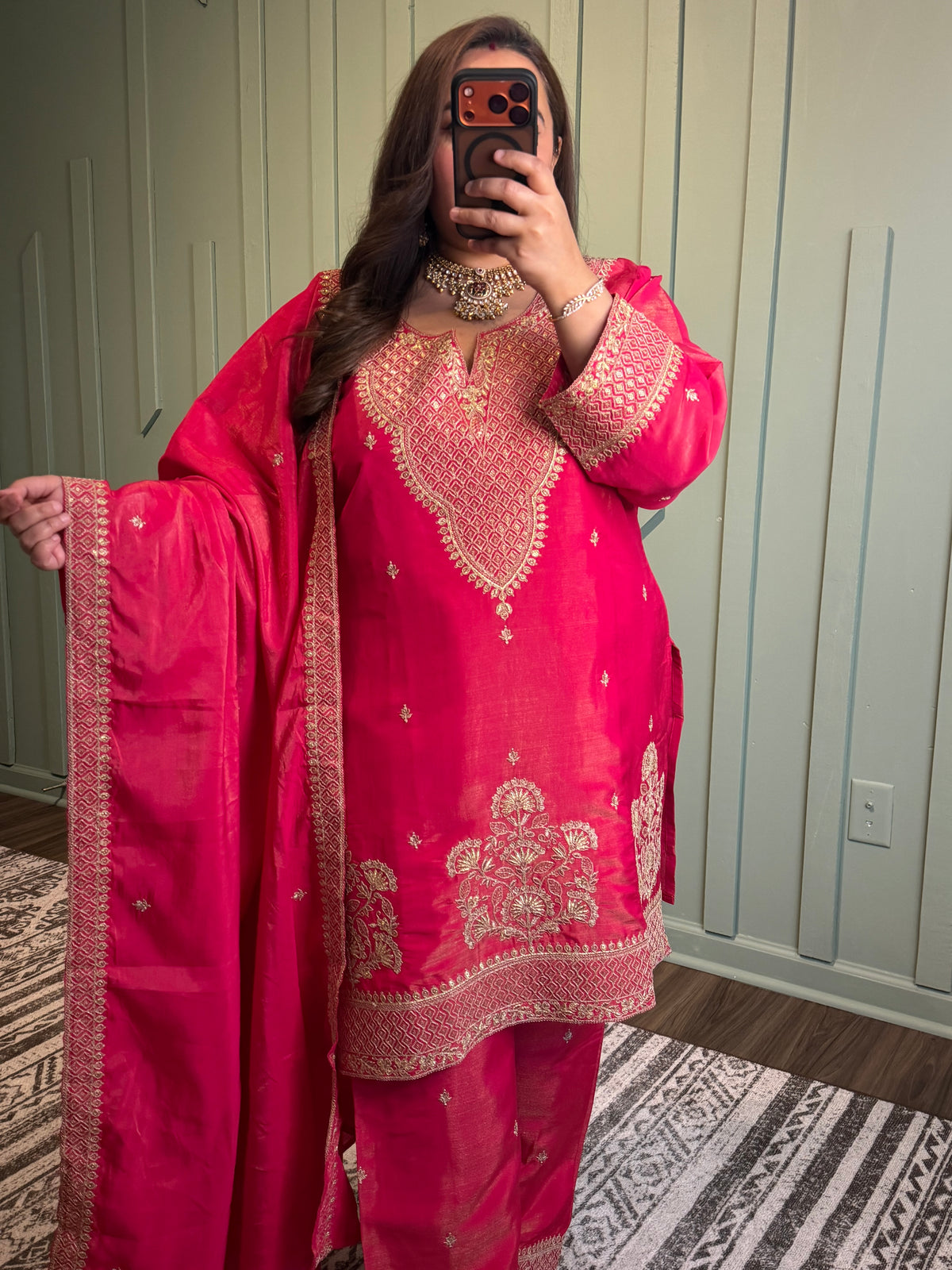Fuchsia Shimmer Dori Hand Embroidered Three Piece