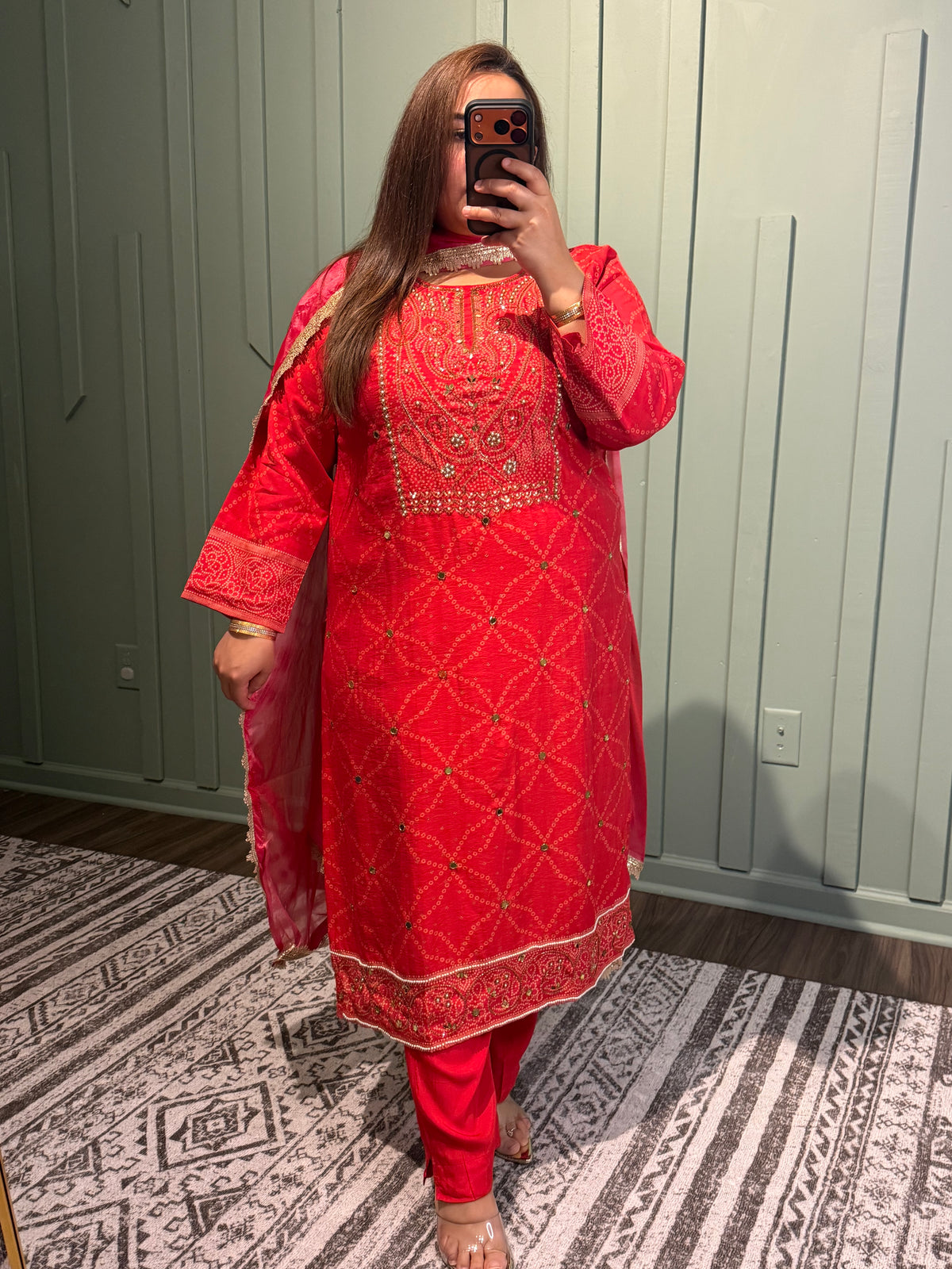 Bandhani Red Hand Embroidered Three Piece