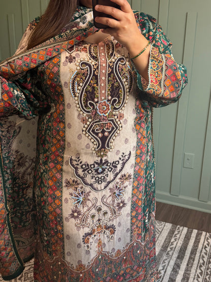 Pure Crepe Hand Embroidered Three Piece