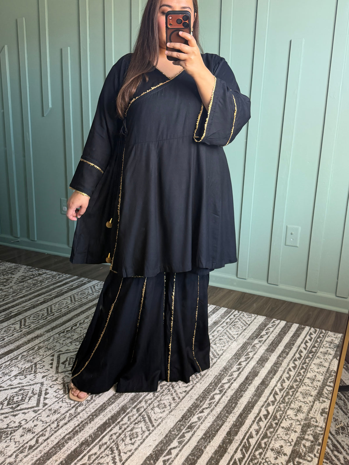 Black Anrakha Short Anarkali Gharara Two Piece