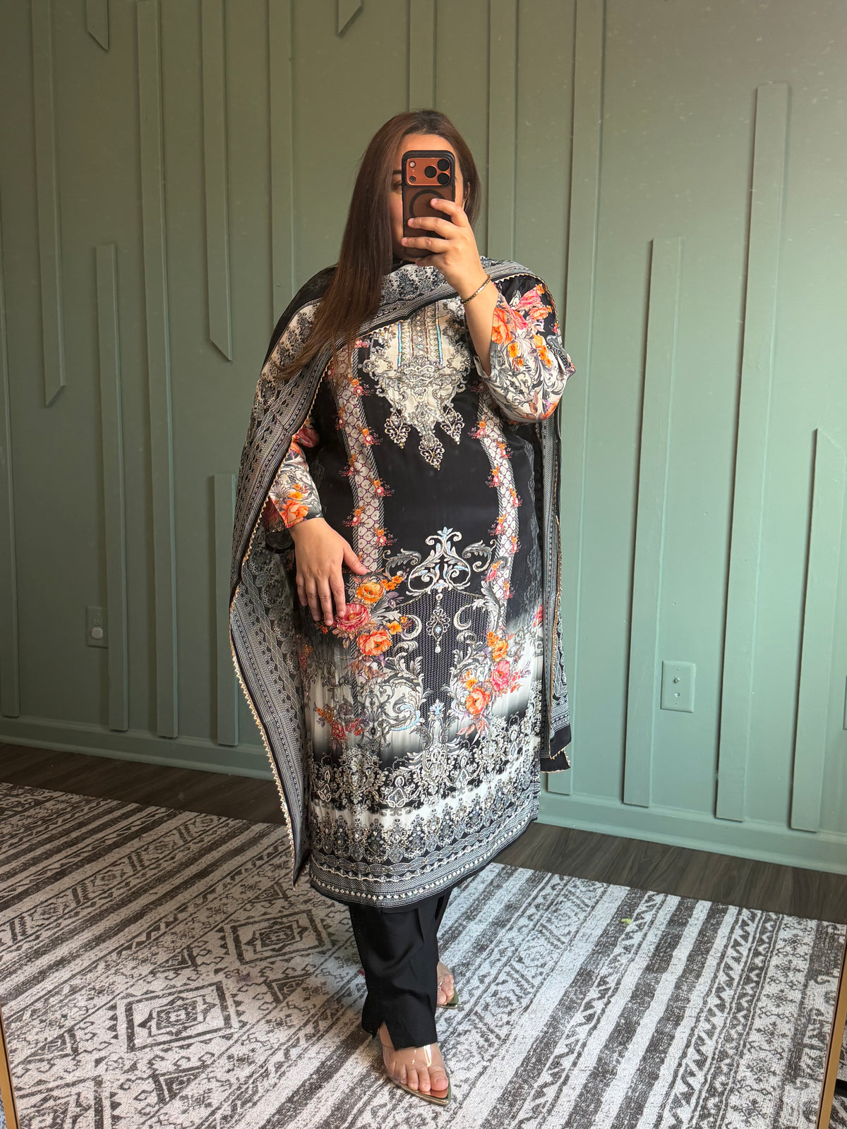 Natural Crepe Handwork Three Piece