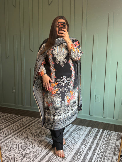 Natural Crepe Handwork Three Piece