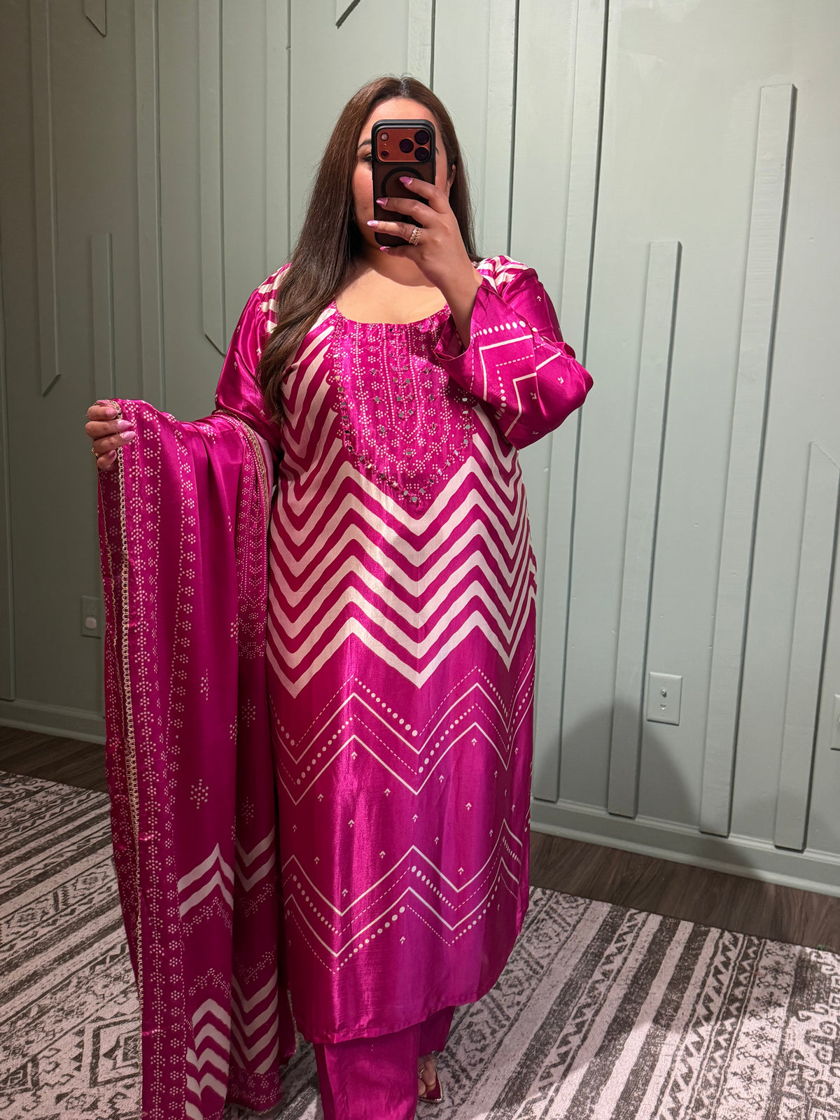 Pure Gajji Silk Fuscia MirrocHand Work Pink Three Piece