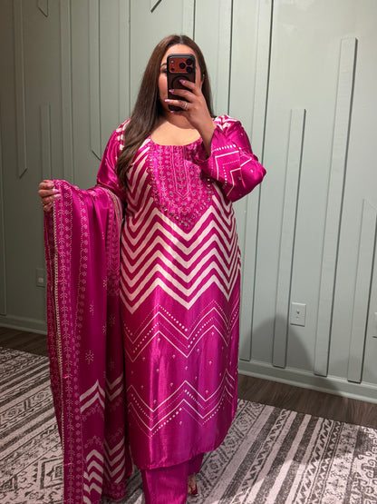 Pure Gajji Silk Fuscia MirrocHand Work Pink Three Piece