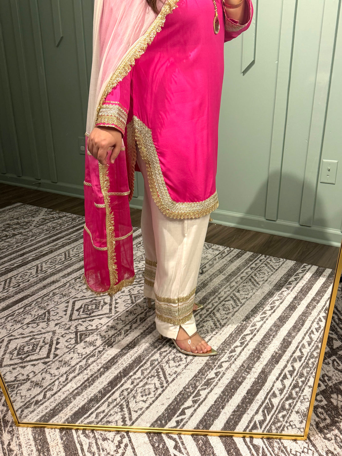 Hot Pink Viscose Muslin Gotta Embroidered Three Piece