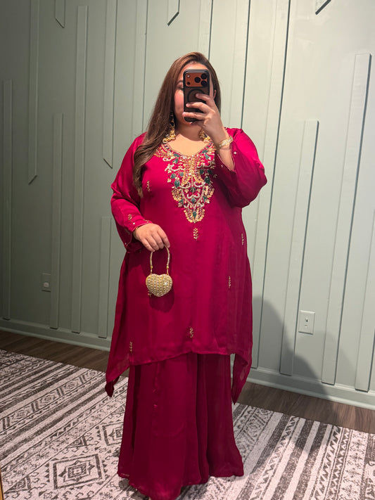 Chiffon Cherry Red Hand Embroidered Co ord