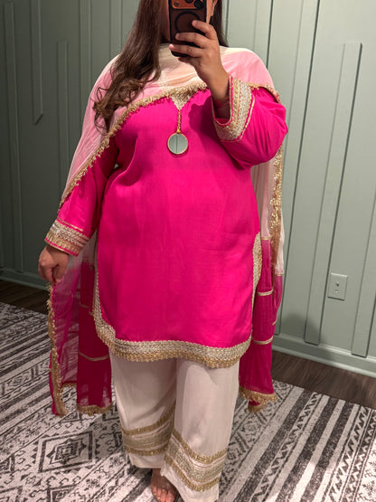 Hot Pink Viscose Muslin Gotta Embroidered Three Piece