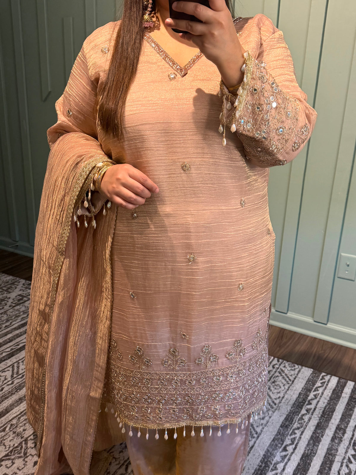 Shimmer Crush Salsa Mirror Hand Embroidered Suit