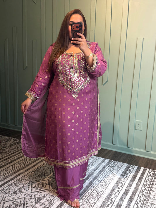 Banarsi Zari Mirror Hand Embroidered Plazo Three Piece