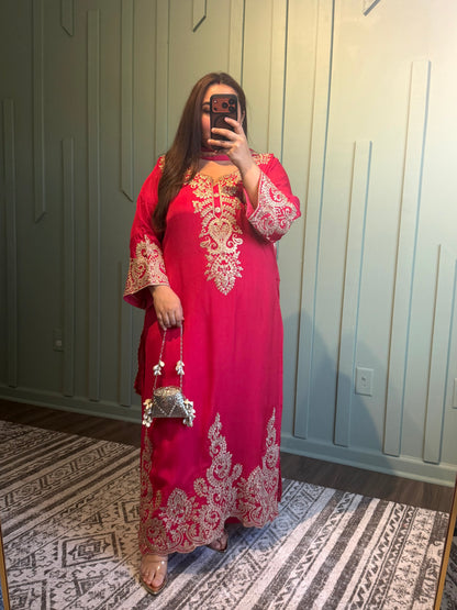 Pink Chiffon Dori Embroidered Firan With Stole