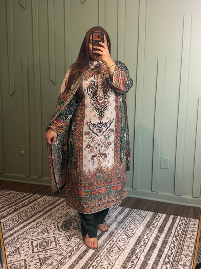 Pure Crepe Hand Embroidered Three Piece