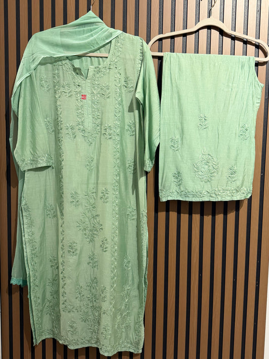 MUL CHANDERI CHIKANKARI PLAZO WITH DUPATTA