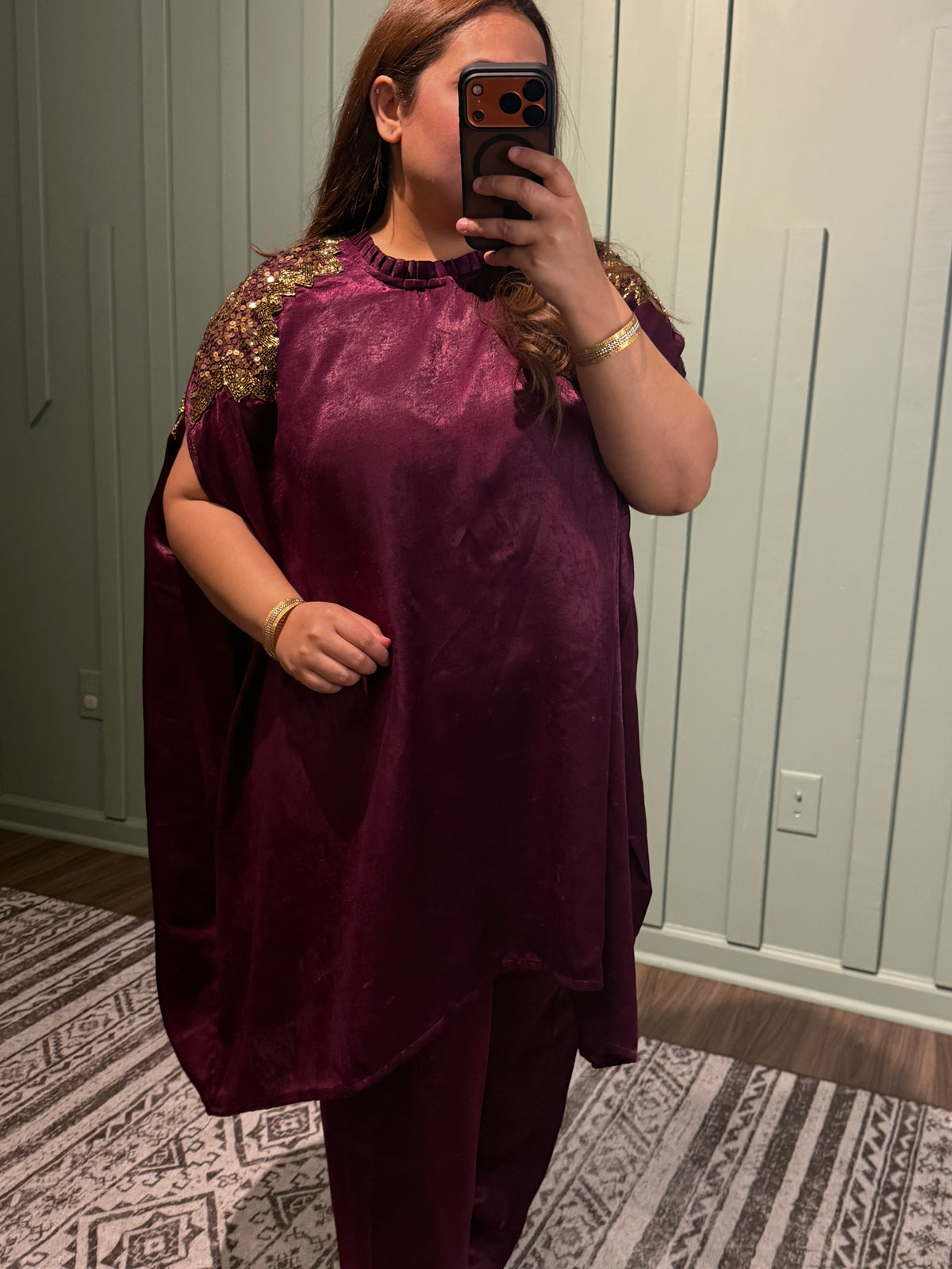 Indo-Western Shadow Silk Hand Embroidered Kaftan Co ord