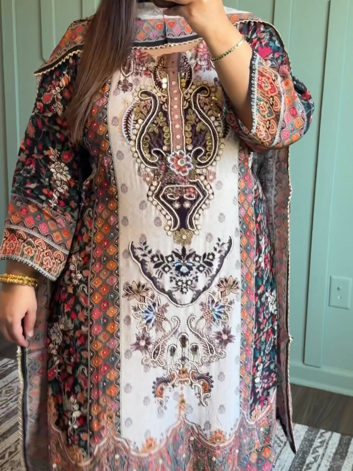 Pure Crepe Hand Embroidered Three Piece
