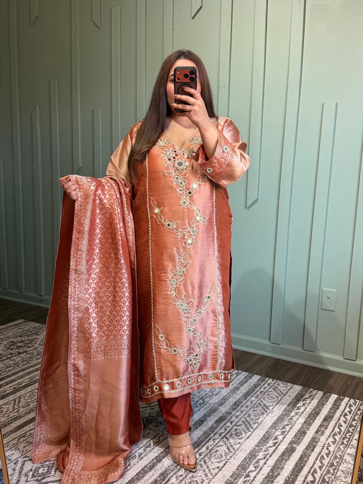 Peach Giraffe Silk Brocade Mirror Hand Embroidered