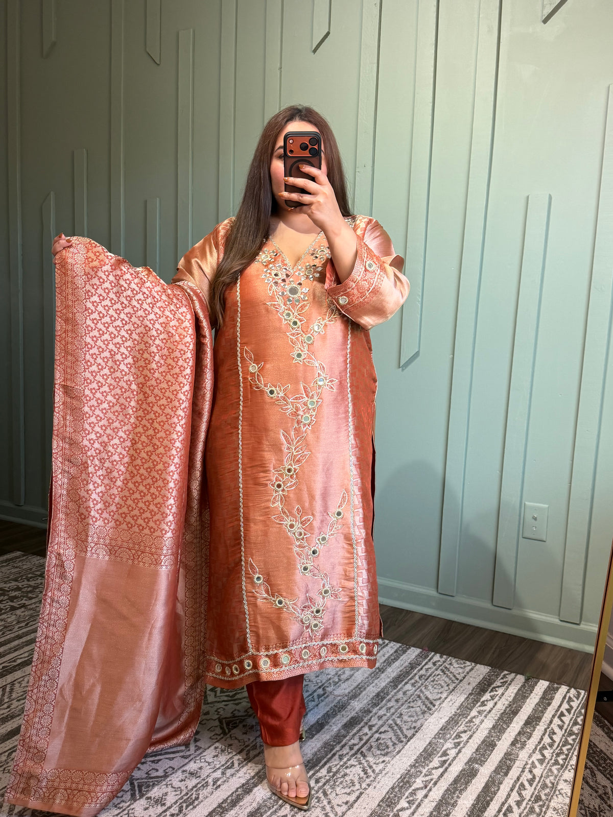 Peach Giraffe Silk Brocade Mirror Hand Embroidered