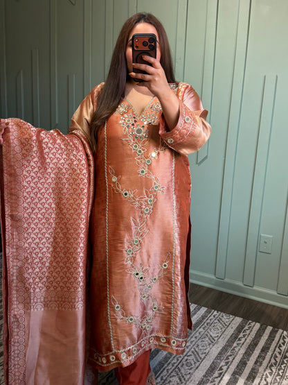 Peach Giraffe Silk Brocade Mirror Hand Embroidered