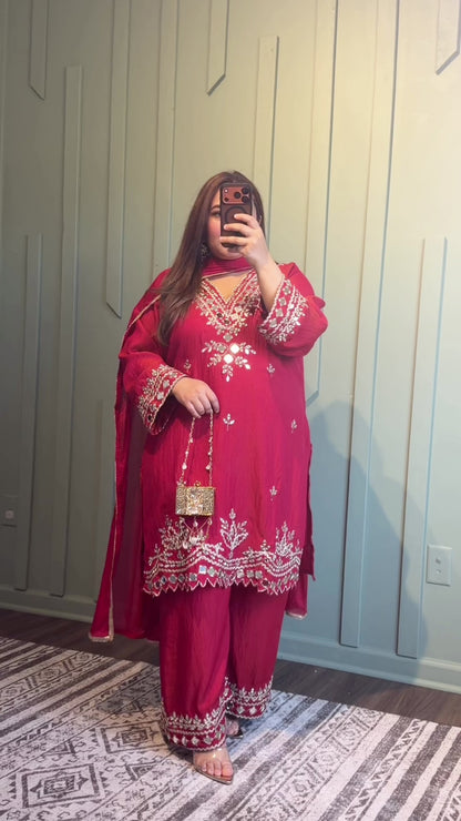 Red Shimmer Silk Mirror Hand Embroidered Three Piece