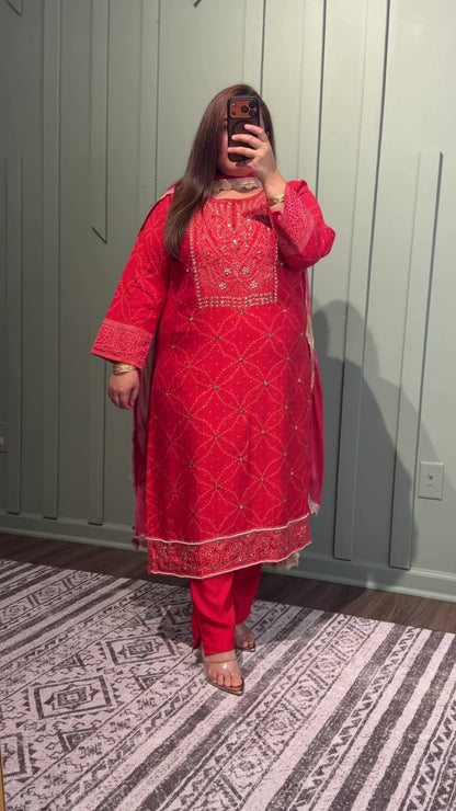 Bandhani Red Hand Embroidered Three Piece