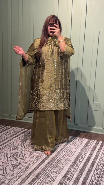Olive Green Shimmer Sharara Three Piece