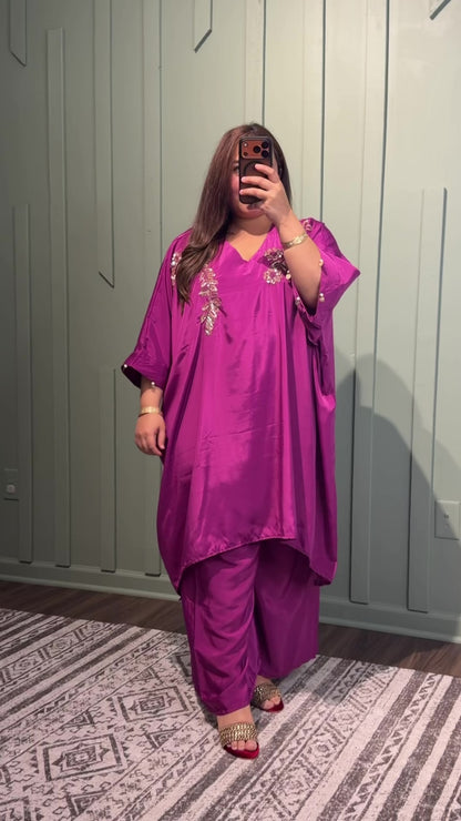 Magenta Pure Crepe Hand Embroidered Choga Set