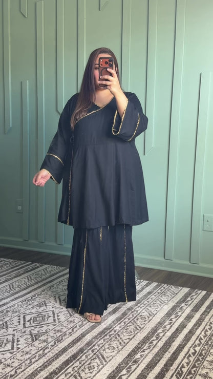 Black Anrakha Short Anarkali Gharara Two Piece