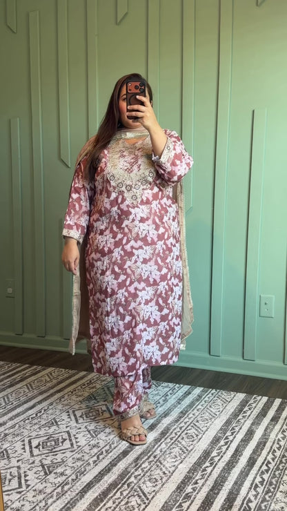 Floral Linen Zari Embroidered Three Piece