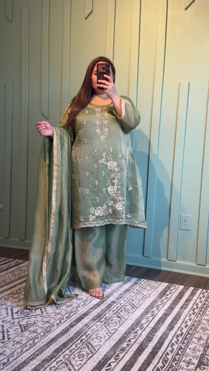 Crush Shimmer Hand Embroidered Silk Three Piece