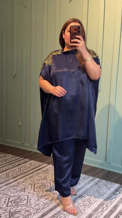 Indo-Western Shadow Silk Hand Embroidered Kaftan Co ord