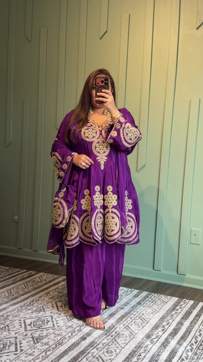 Purple Crepe Dori Hand Embroidered Peplum Set