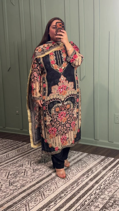 Pure Crepe Handwork Three Piece