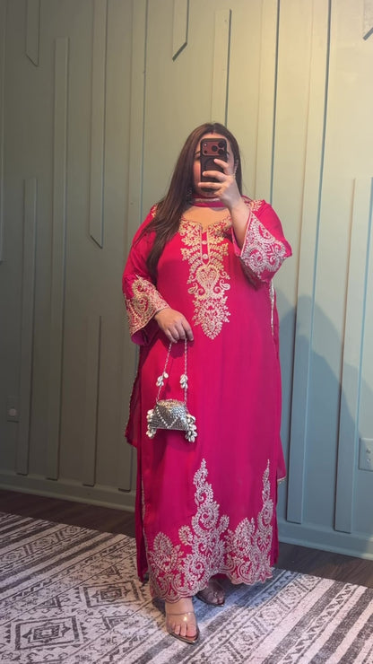 Pink Chiffon Dori Embroidered Firan With Stole